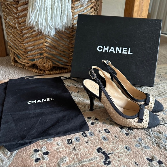 CHANEL Canvas & Python Leather Bow AUTHENTIC Slingback Pumps Black Beige Sz. 36 - Picture 4 of 16